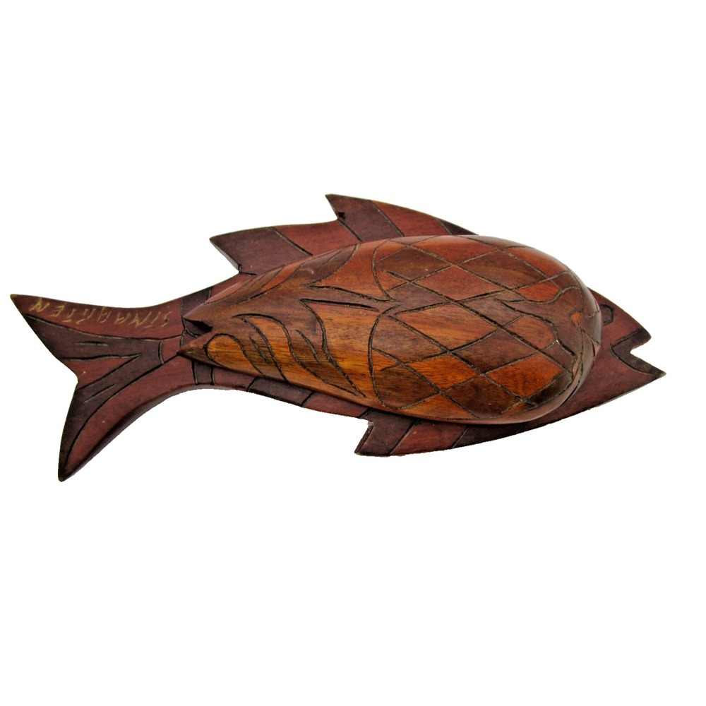 Vintage Hand Carved Wooden Fish Shaped Trinket Bowl Dish With Lid 13" Nautical